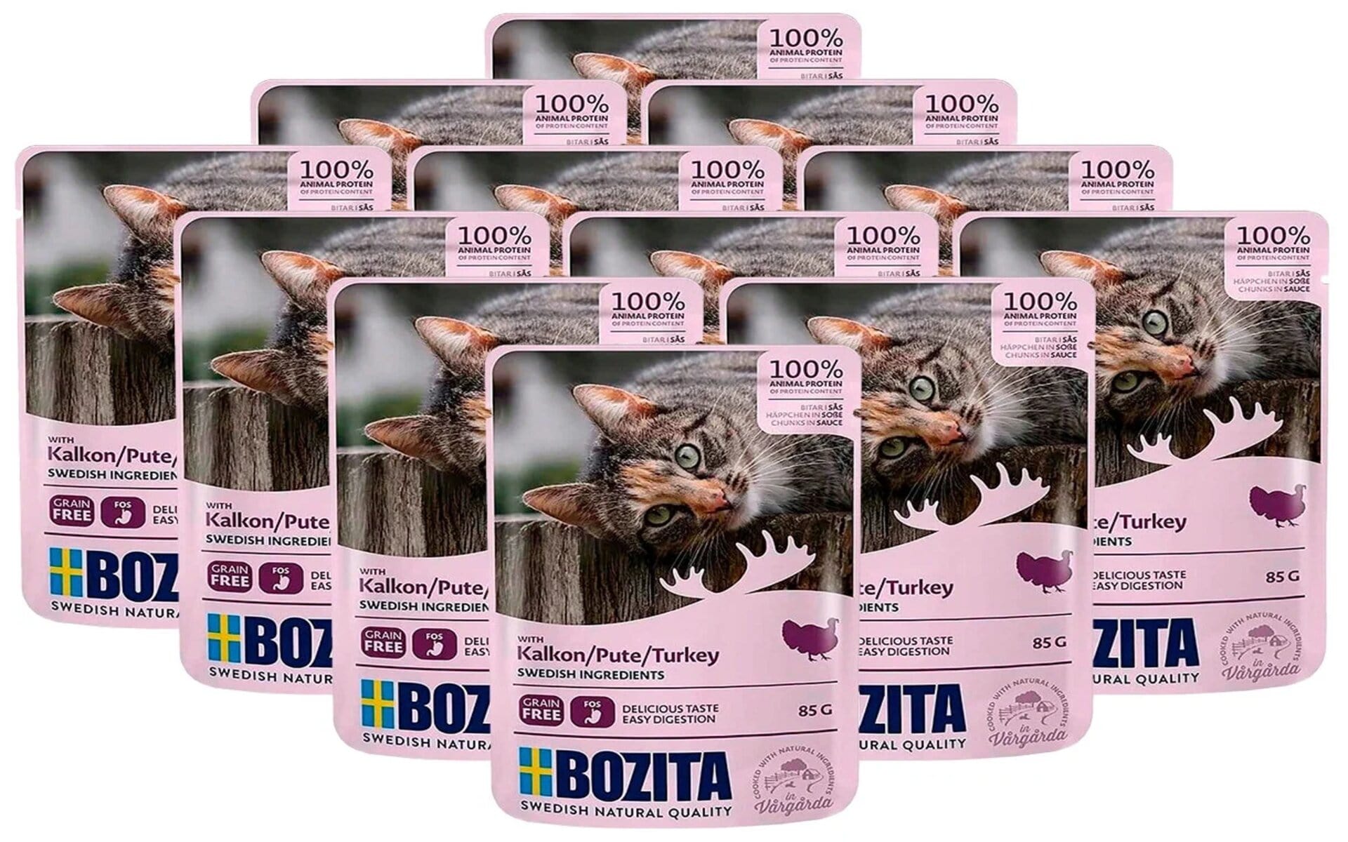 Влажный корм для взрослых кошек Bozita с кусочками индейки в соусе содержит фруктоолигосахариды для улучшения пищеварения, животный белок и не содержит зерновых. Подходит в качестве основного рациона или как дополнение к пище