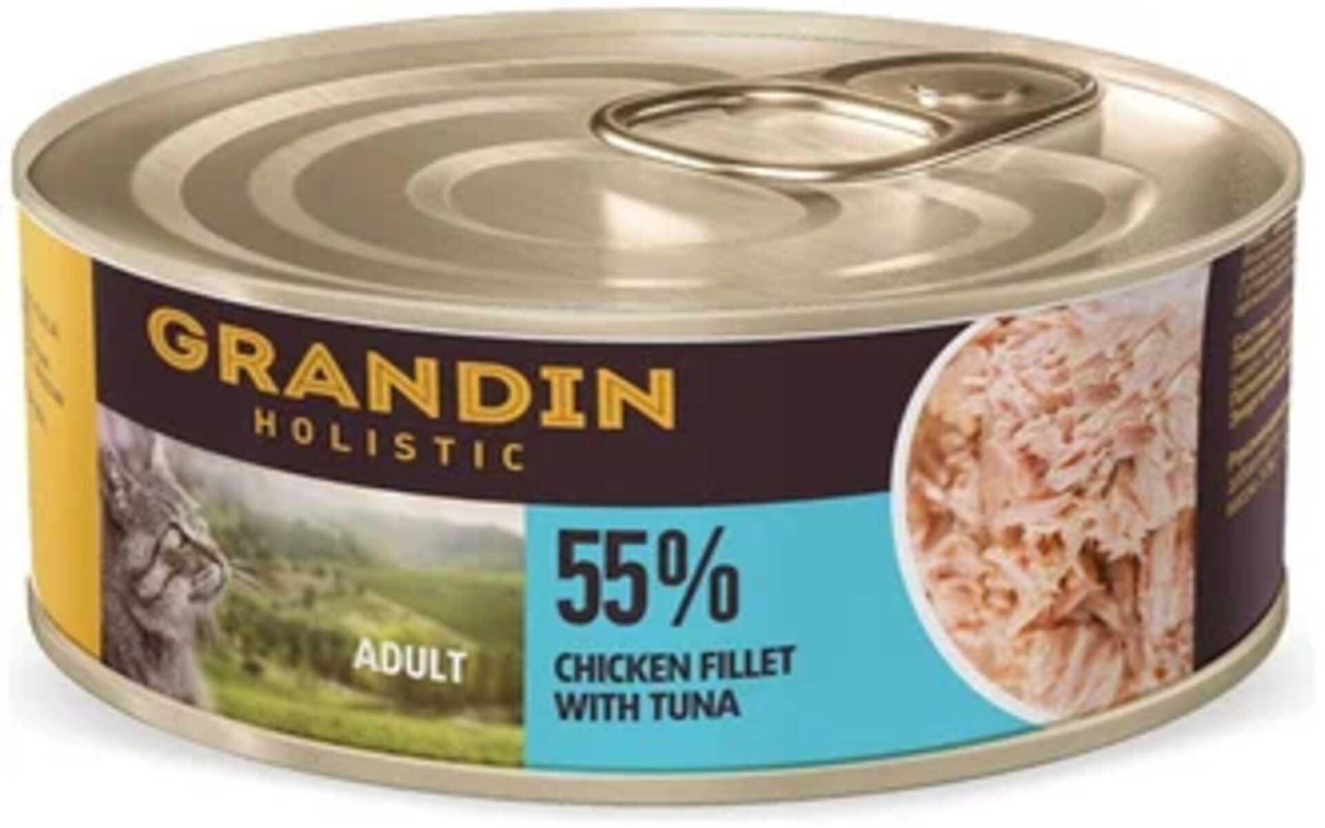 Корм для кошек Grandin, в составе которого филе тунца и курицы. Такое сочетание обеспечивает питомцу полноценное питание и может прийтись по вкусу даже самому избалованному гурману