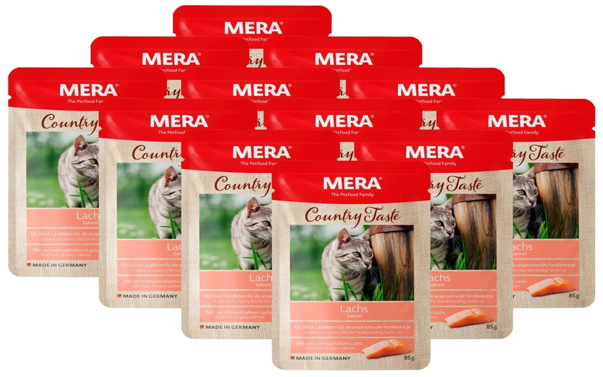 Влажный корм для кошек Mera Country Taste беззерновой с лососем — полноценное питание для вашего питомца с необходимыми питательными веществами. Не содержит зерновых культур, идеально подходит для кошек с чувствительным пищеварением или аллергией на злаки. Основной ингредиент — лосось, источник высококачественного белка и аминокислот