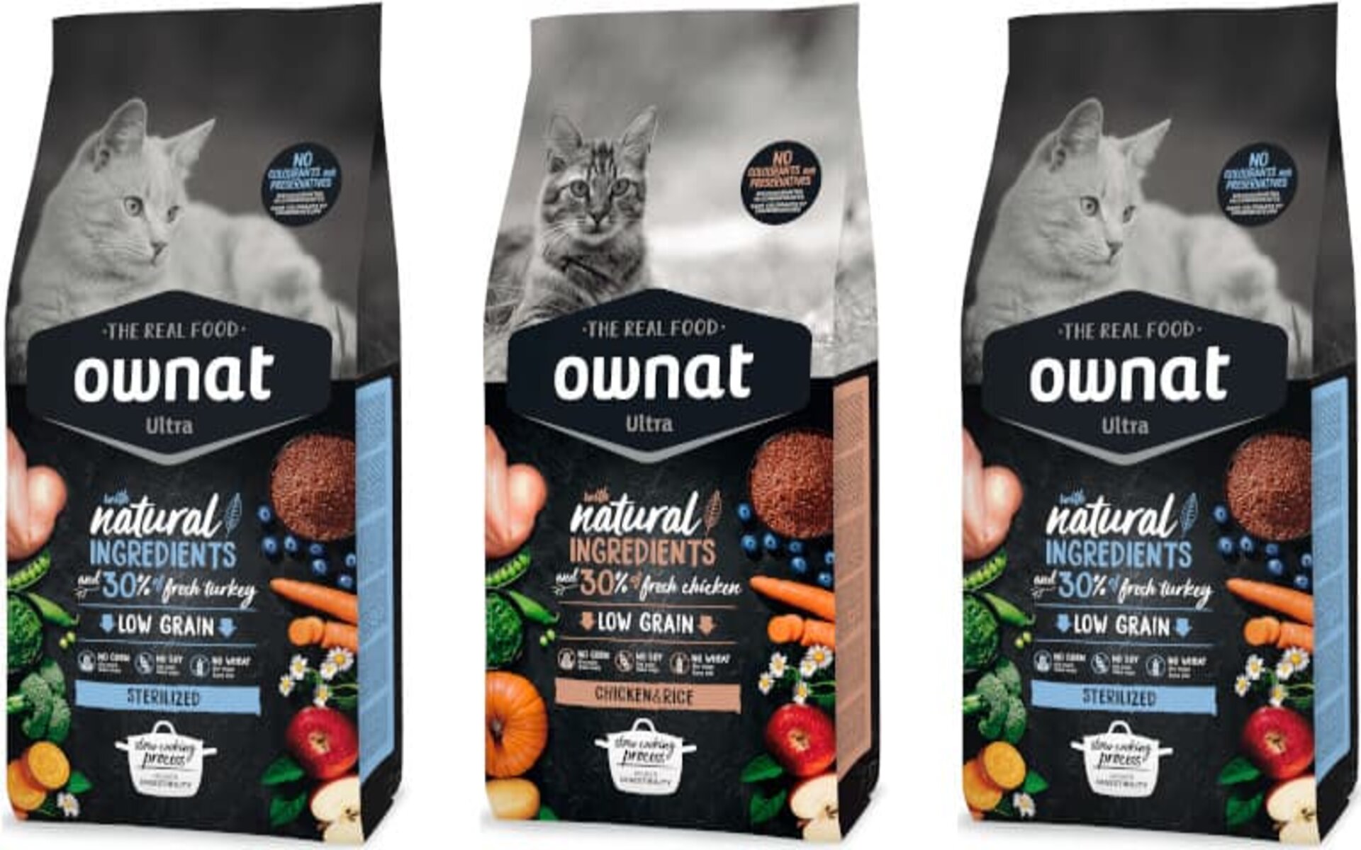 Корм для кошек Ownat Natural представлен в виде сухих и влажных продуктов, которые содержат различные комбинации мясных и овощных ингредиентов, а также необходимые витамины и минералы