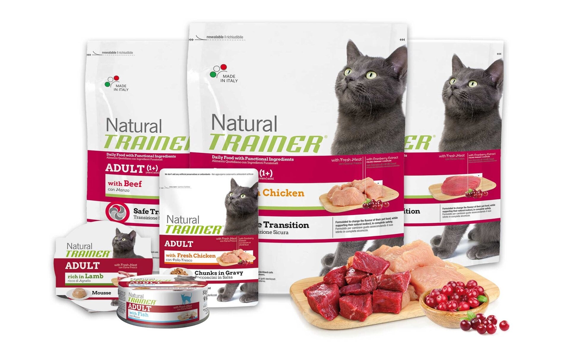 Продукция Trainer предлагает широкий ассортимент влажных кормов для котят и взрослых кошек с уникальным составом из мяса и дополнительных ингредиентов, включая дрожжи, говядину, свиную печень, витамины и минералы, нуклеотиды
