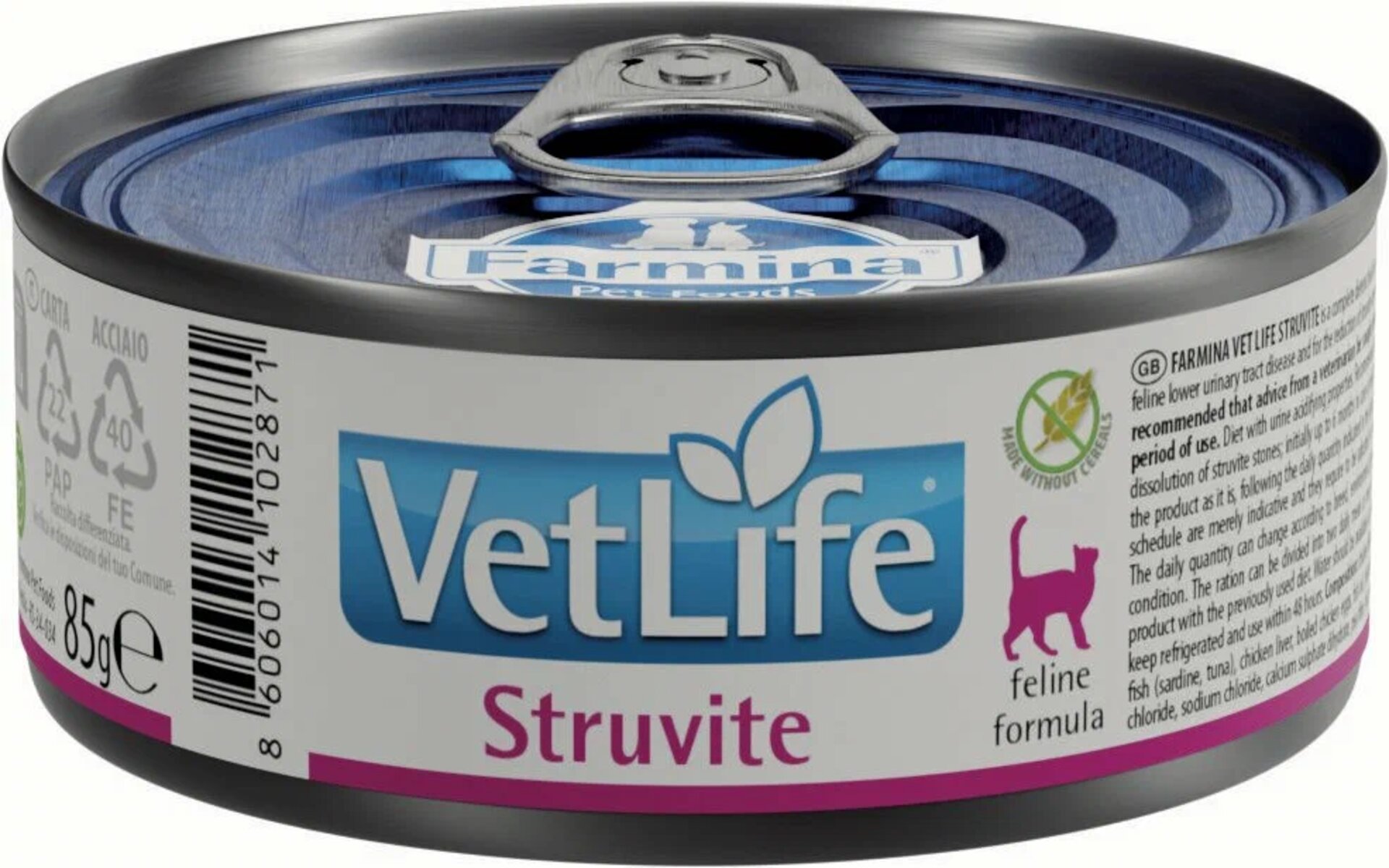 Корм для кошек Vet Life Struvite – это полнорационный влажный диетический продукт для растворения струвитных камней. Он рекомендован при заболеваниях нижних мочевых путей и для снижения риска рецидивов струвитного уролитиаза